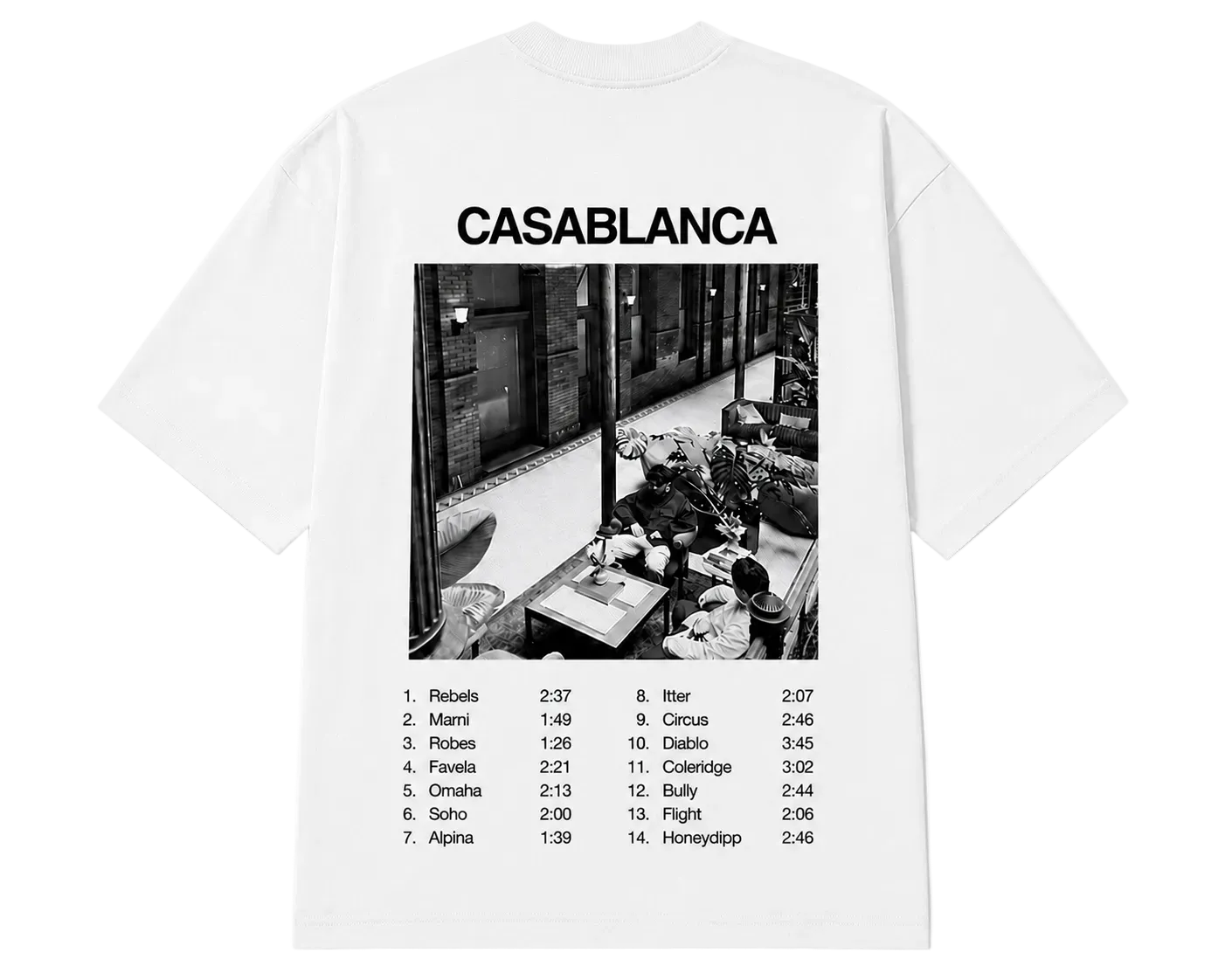 White t-shirt with black text and a photo of people lounging featuring the tracklist and album art of Casablanca.